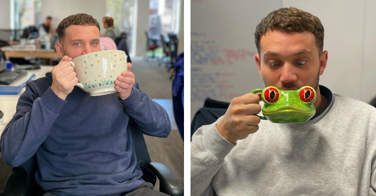 A two-photo collage. The first shows a man smiling with his eyes as he uses both hands to hold a comically large mug up to his face. The mug is, quite literally, bigger than his head. The second photo shows a man looking down, a bit cross-eyed, at the frog mug he has placed near his mouth.