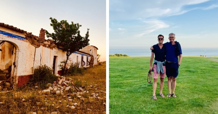 A two-photo collage. The first shows a rundown home that’s falling apart. The second photo shows Alan and Vincent smiling for a photo together while standing in a green field with a bright blue sky above them. Vincent's arm is around Alan's shoulder and Alan has an arm around Vincent's waist.