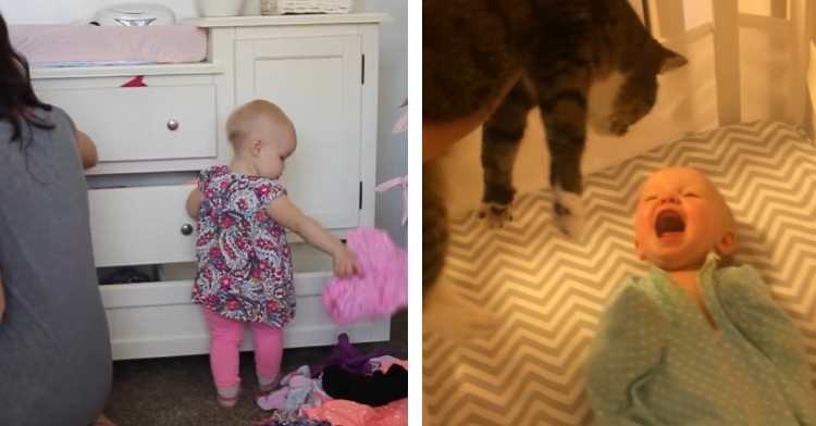 A two-photo collage. The first shows a baby standing at a dresser, taking clothes at. Mom sits nearby, putting clothes into the dresser. The second photo shows a baby, who is dressed in an outfit that covers their arms, screams with joy as someone holds the family cat nearby.