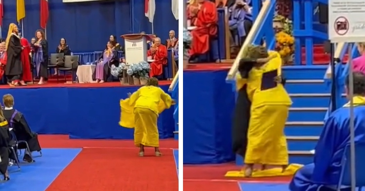 A two-photo collage. The first shows a woman in yellow dancing with her headpiece as her daughter walks across the stage for her graduation. The second photo shows mom and daughter hugging, the headpiece now on the ground.