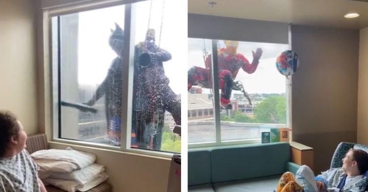 Window washers surprise patients by dressing like superheroes.