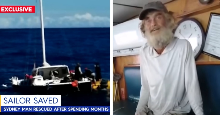 A two-photo collage. The first photo shows Tim's boat out on the ocean. The second photo shows Tim sitting on a bench in a trawler, cleaned up more and smiling.