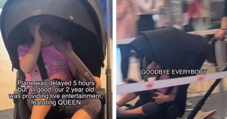 A two-photo collage. The first shows a toddler sitting in a stroller. Text on the image: Plane was delayed 5 hours but all good, our 2 year old was providing live entertainment featuring QUEEN. The second photo shows that same toddler being pushed to a new location. Text on the image: GOODBYE EVERYBODY.