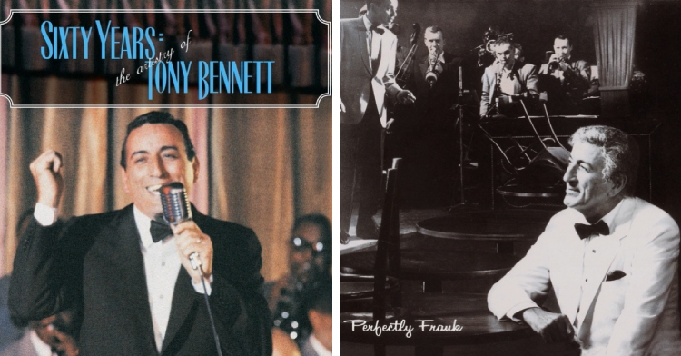 A two-photo collage. The first shows a younger Tony Bennett singing into a mic while wearing a suit. Text above him reads “Sixty years: the artistry of Tony Bennett.” The second photo shows a black and white photo of Bennet sitting at a table with a band playing nearby. He looks into the distance. Text in the bottom left reads “Perfectly Frank.”