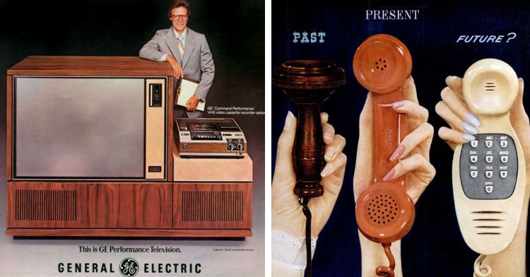 A two-photo collage. The first shows a man standing behind and leaning against a gigantic TV with a VHS next to it. The second shows three different hands holding three different phones, one is labeled past and is corded wooden wall telephone. The one labeled as present is a cord telephone without the buttons. The one labeled future is a corded phone with the numbered buttons on it.
