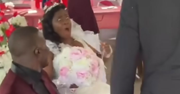 bride shocked seeing man approaching