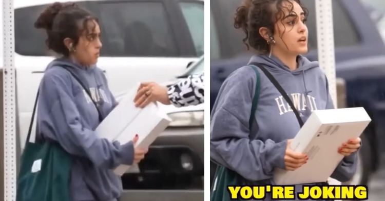 A two-photo collage. The first shows a woman looking confused as she’s handed a box. The second photo shows the same woman, now holding the box, now looking shocked. She’s saying, “You’re joking.”