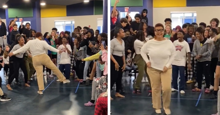 A two-photo collage. The first photo shows teacher Yolanda Turner with one foot in the air, dancing, while students around her cheer. The second shows Yolanda smiling as she walks away from finishing her dance. The students behind her look shocked and continue to cheer.