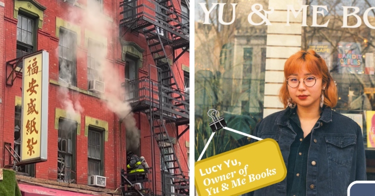 A two-photo collage. The first photo shows Yu & Me Books on fire. The second shows the Yu & Me Books owner, Lucy Yu posing in front of the store.
