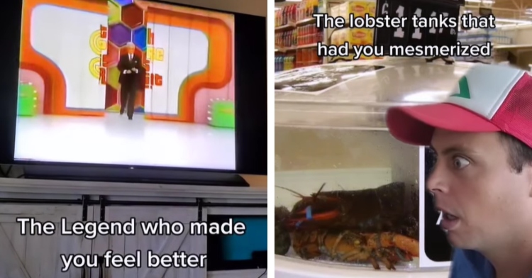 A two-photo collage. The first shows a TV with Bob Barker on "The Price is Right." Text on the screen reads "The legend who made you feel better." The second photo shows someone using a green screen to look like they're in front of a lobster tank in Walmart. The person looks amazed. Text on the image reads: "The lobster tanks that had you mesmerized."
