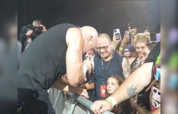 Disturbed Lead Singer David Draiman addresses young audience member Sophia at a West Palm Beach, Florida, Concert.
