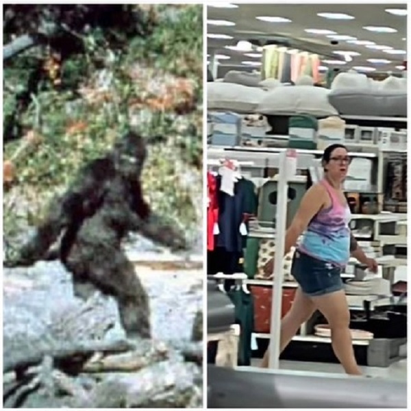 a side-by-side of "bigfoot" on the left and the girl's mom on the right, walking through target in the same stance as bigfoot