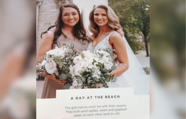 A wedding photo with a bride and bridesmaid and a caption discussing a day at the beach.
