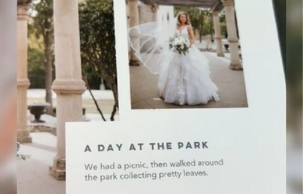 A wedding photo showing a bride with an incorrect caption about collecting leaves at a park.