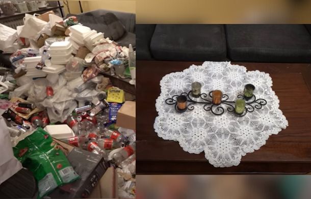 Before and after transformation of Olga's living room. Volunteer cleaners worked to clean Olga's home after depression caused her to lose interest in her home.