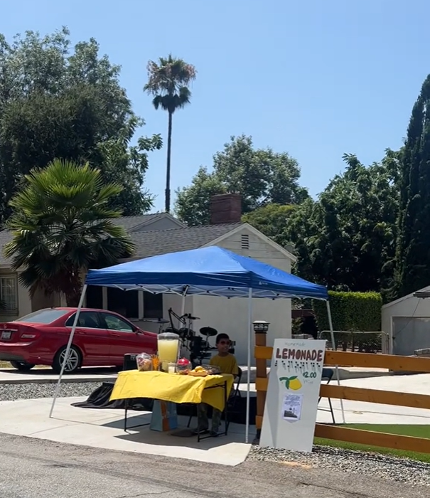 Blind 9-year-old Grayson sits in his lemonade stand.