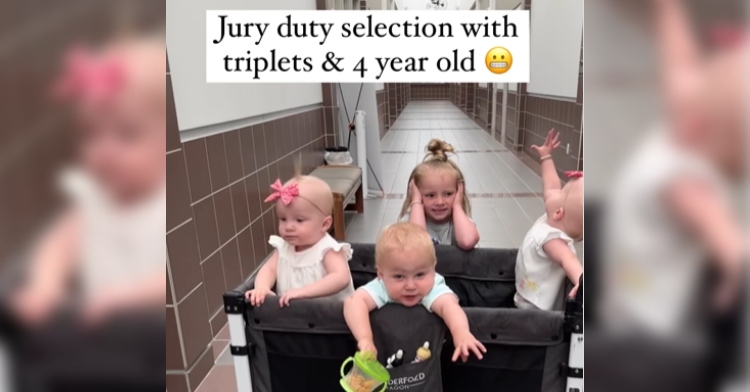 Torrey's three triplets stand in their portable crib while her then 4-year-old stands next to them and covers her ears. Text on the image reads "Jury duty selection with triplets & 4 year old."