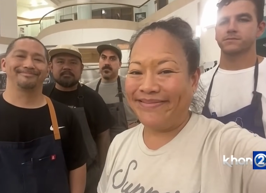 Chef Lee Anne Wong smiles with four other chefs working to feed 10,000 locals in Maui after the deadly wildfires.