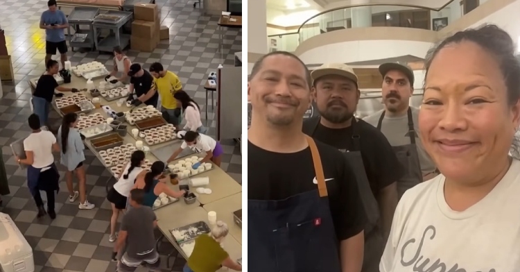 A two-photo collage. The first shows an aerial view of volunteers prepping food at the University of Hawaii Maui College (UHMC) after the deadly wildfires in Maui. The second photo shows Chef Lee Anne Wong smiles with four other chefs working to feed 10,000 locals in Maui after the deadly wildfires.