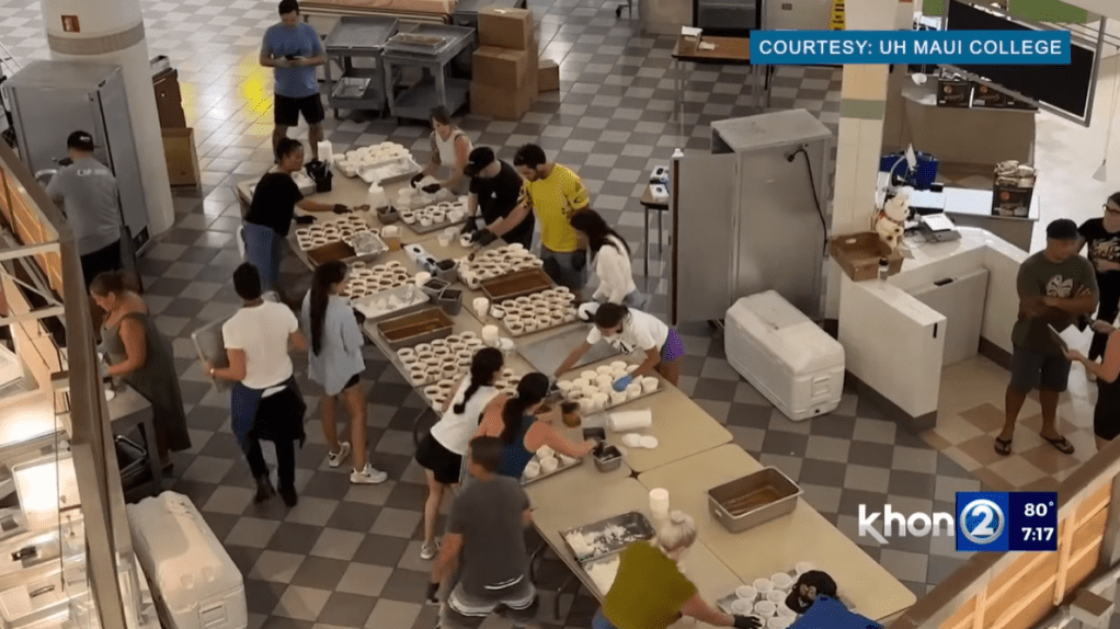 Aerial view of volunteers prepping food at the University of Hawaii Maui College (UHMC) after the deadly wildfires in Maui.