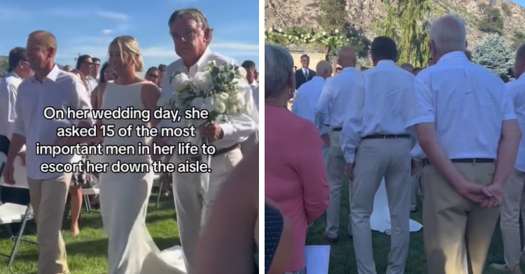 A two-photo collage. The first shows a view from the front of Ivy being walked down the aisle at her outdoor wedding. Two men stand at each side with their arms intertwined with Ivy's. Text on the screen reads "On her wedding day, she asked 15 of the most important men in her life to escort her down the aisle." The second shows a view from behind of the 15 men walking Ivy down the aisle.