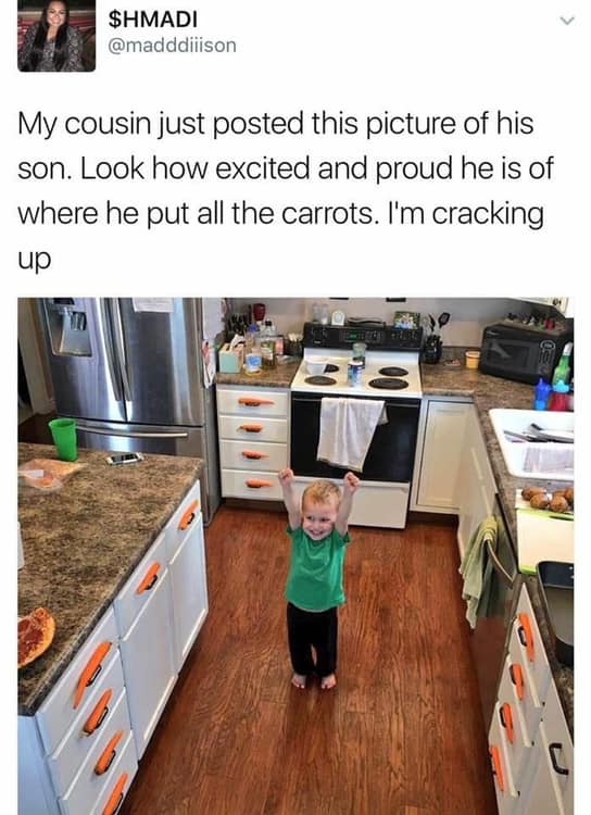 child featured balancing carrots on shelves