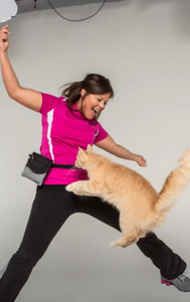 Trisha and Kit Kat the cat jump into the air together. Kit Kat is especially jumping high, reaching Trisha's abdomen.