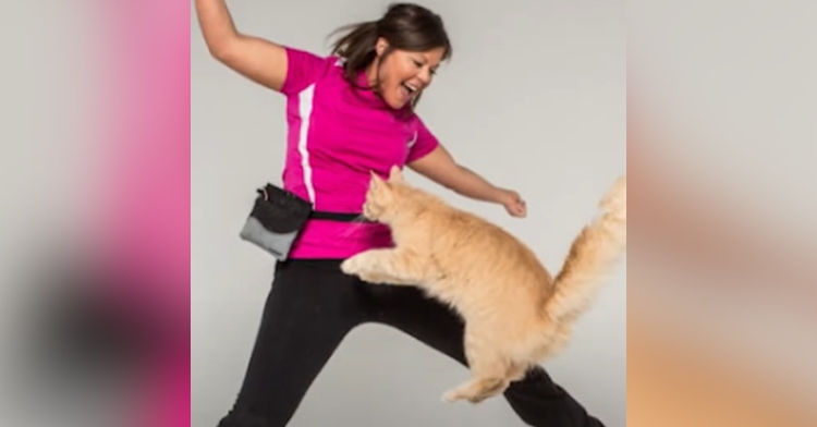 Trisha and Kit Kat the cat jump into the air together. Kit Kat is especially jumping high, reaching Trisha's abdomen.