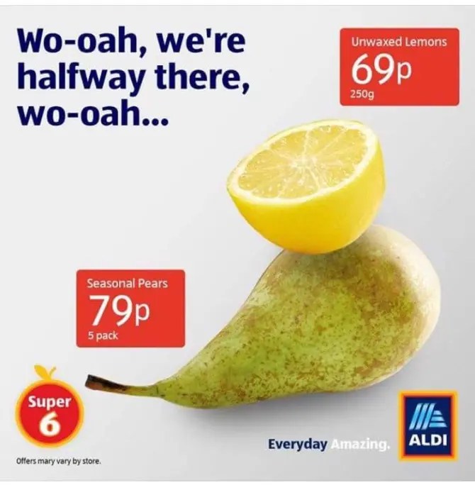 ALDI ad with a lemon on a pear.