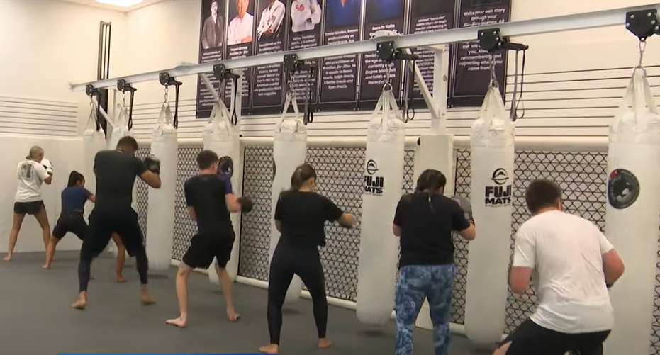 People are lined up in martial arts class and are punching at punching bags.