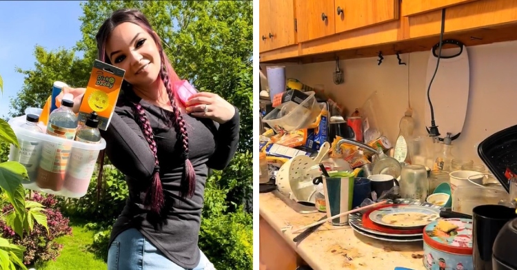 A two-photo collage. The first shows Brogan Ingram smiling as she holds a caddy full of cleaning supplies. The second photo shows a kitchen counter completely covered in dirty dishes and other objects.
