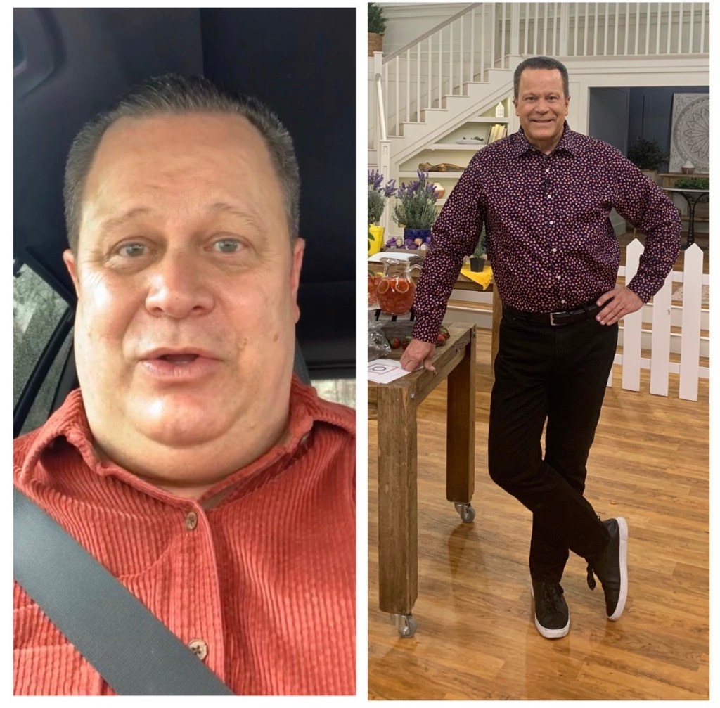 A two-photo collage showing David Venable before and after losing weight. The first photo is a selfie. The second was taken on a QVC set. David looks healthier and happier in the second photo as he poses confidently with one hand on his hip.