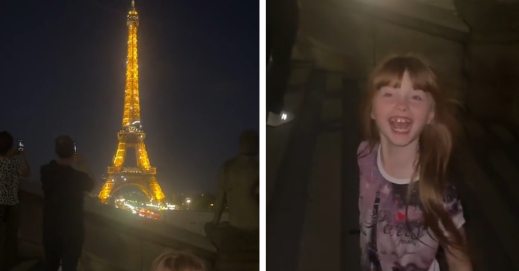 A two-photo collage. The first shows the Eiffel Tower lit up at night. The second photo shows a little girl, outside at night, beaming with excitement.