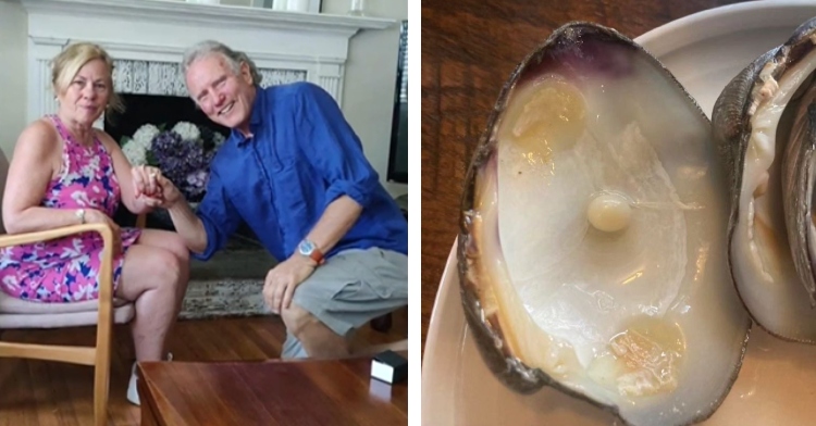 A two-photo collage. The first shows Ken and Sandy smiling just after getting engaged. She sits on a chair as Ken poses with one knee on the ground. He’s holding her hand with the ring to show it off. The second photo shows a close up of a side-view of the pearl ring Sandy and Ken got made.