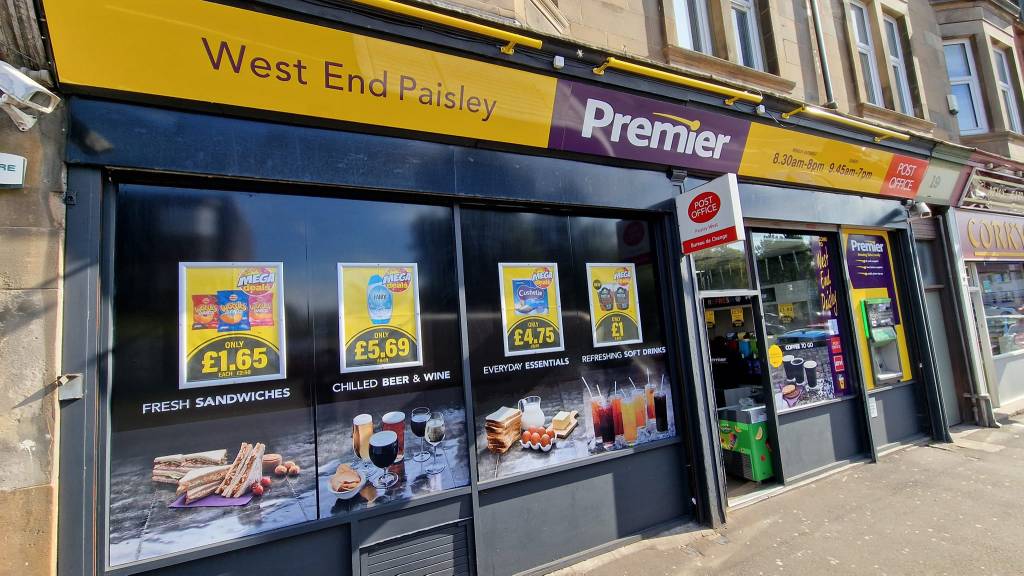 Outside of a Premier West End Paisley & Post Office. 