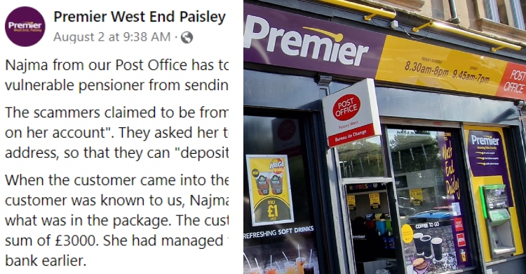 A two-photo collage. The first is a Facebook post from Premier West End Paisley & Post Office. The post isn’t entirely visible, but it’s clear that a postal worker helped stop an elderly woman from being scammed. The second photo shows the outside of a Premier West End Paisley & Post Office.