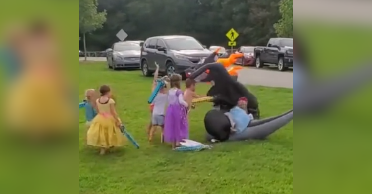 princesses with swords slay dragon in park