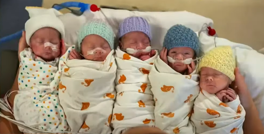 Top-down view of the Freels family quintuplets: Adelyn, Eliana, Fisher, Harper, and Linnea.