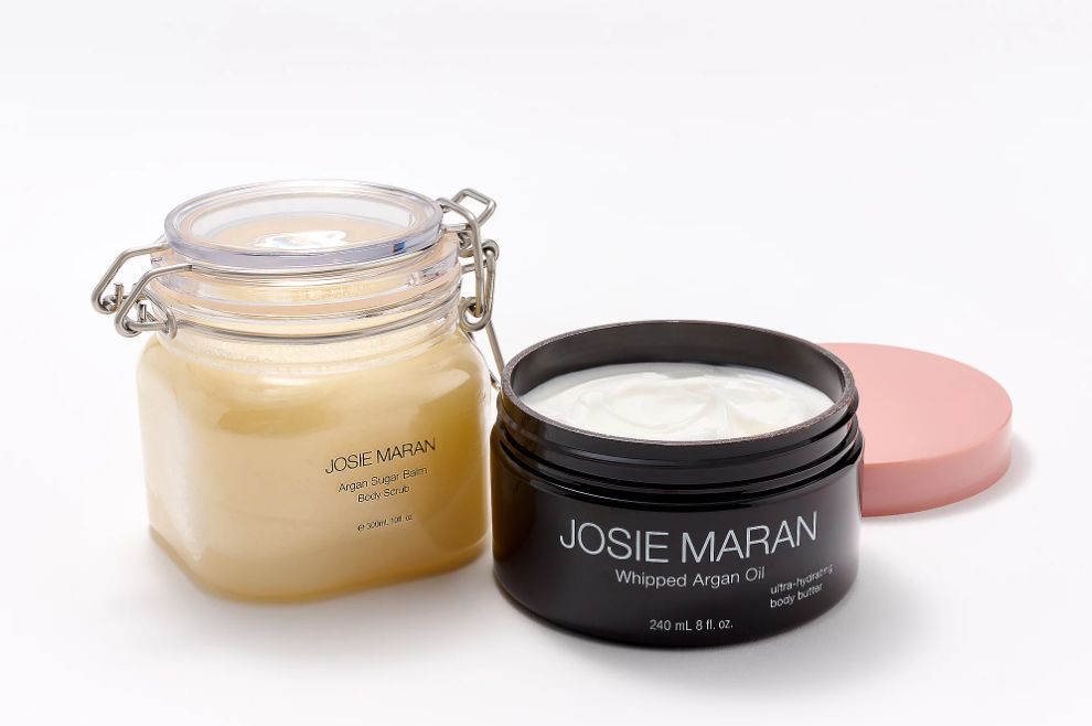 Josie Maran Argan Whipped Body Butter & Sugar Scrub Vanilla Fig Set aesthetically on display.