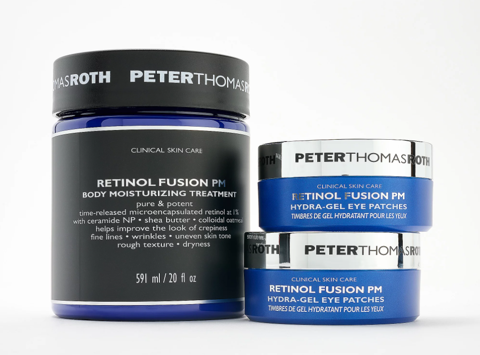 Peter Thomas Roth Retinol Fusion PM Jumbo Body Treatment & Eye Patches aesthetically on display.