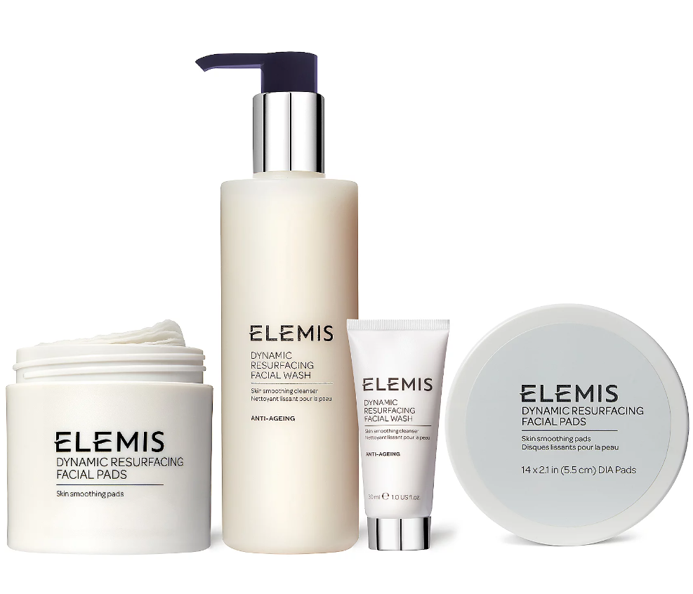 ELEMIS Dynamic Resurfacing Facial Wash & Pads -Home & Away Set aesthetically on display.