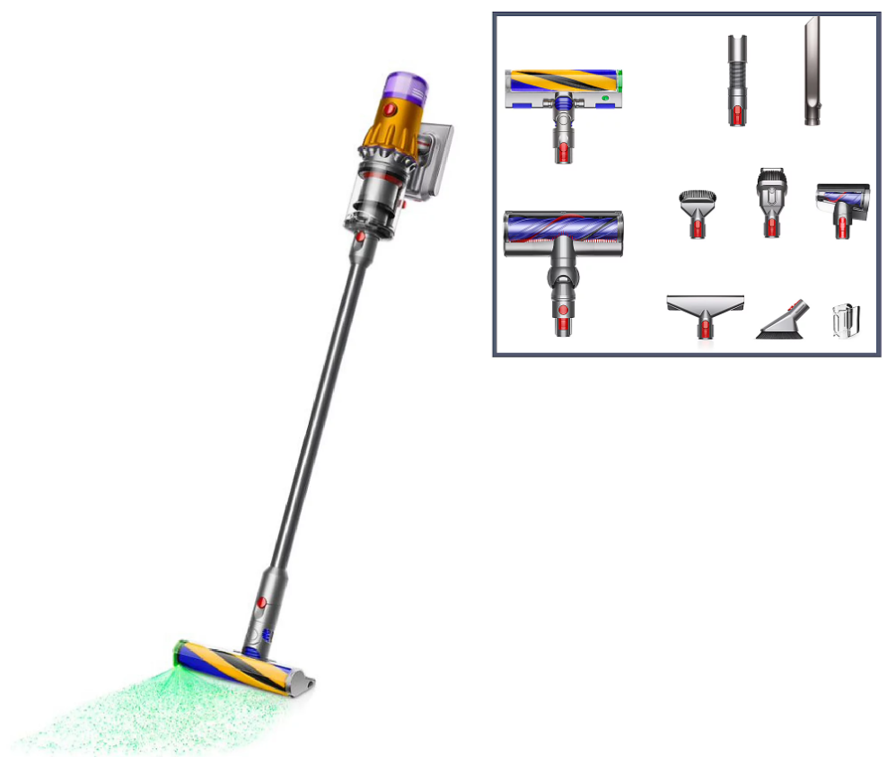 View of the Dyson V12 Detect Plus Slim Cordfree Vacuum with the 7 Tools in the top right.