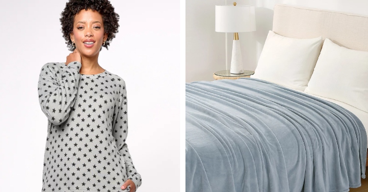 A two-photo collage. The first shows a woman smiling as she wears a MUK LUKS Lifewear Essentials Butter Knit Lounge Set. The second photo shows the Berkshire Blanket Softplush Blanket Serasoft -King on display on a bed.