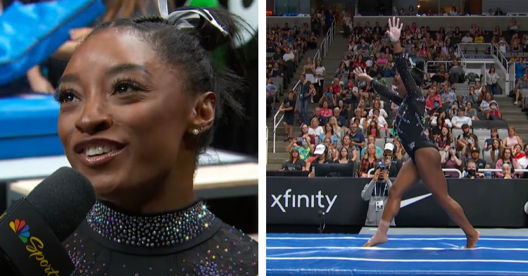 A two-photo collage. The first shows Simone Biles smiling as she talks into a mic for NBC Sports. The second shows Biles stick a landing during the US Gymnastics Nationals 2023.