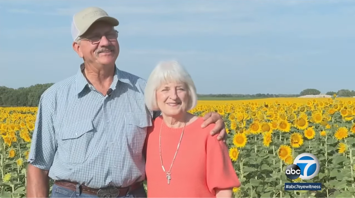 Lee and Renee smile as they stand in their field of sunflowers. Lee has an arm around Renee's shoulder.