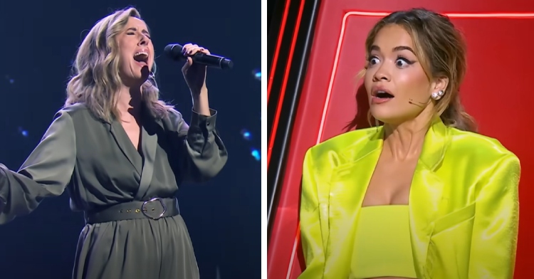 A two-photo collage. The first shows Tarryn Stokes on "The Voice Australia." She's singing passionately into the mic with her eyes closed. The second photo shows Rita Ora watching her, mouth open and eyes wide from shock.