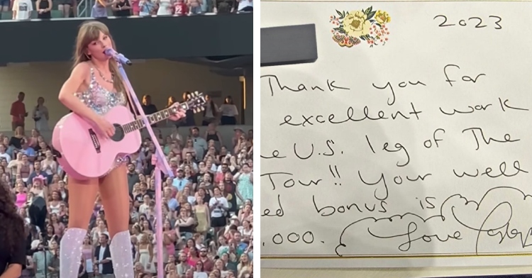 A two-photo collage. The first shows Taylor Swift playing a pink guitar as she sings at the Eras Tour. The second photo shows a handwritten note from Swift to the truck drivers helping with the tour.