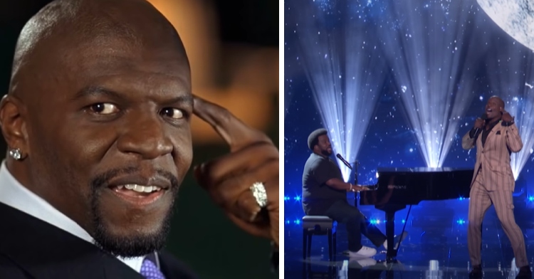 A two-photo collage. The first shows a close up of Terry Crews in "White Chicks" during his iconic "A Thousand Miles" scene. He's singing and has a finger pointed at his head to indicate thinking. In the second photo, Crews is on the "AGT" stage singing this same song, in the same pose. Craig Robinson plays the piano next to him.