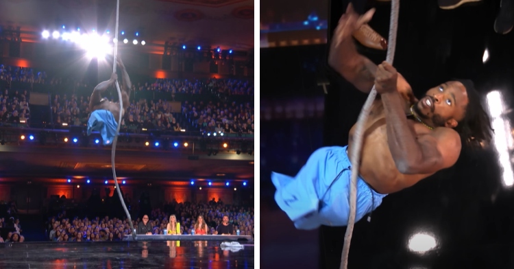 A two-photo collage. The first photo shows a side view of a man without legs, Zion, climbing a rope on the “AGT” stage. The audience and the judges can be seen behind him. The second photo is a top-down view of Zion climbing the rope.