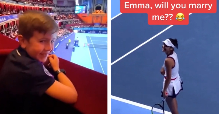 A two-photo collage. The first shows 7-year-old Leo Frankly smiling while watching a tennis game. The second phot shows tennis player Emma Raducanu looking up at the crowd, smiling. Text on the image reads: Emma, will you marry me??